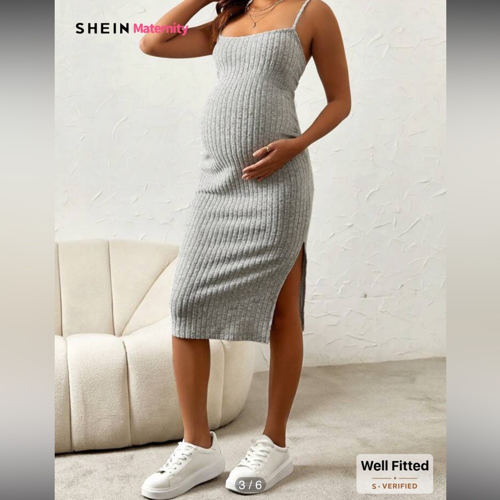 SHEIN Maternity Split Thigh Rib-Knit Cami Dress With Button Up Long Sleeve Cozy - Picture 3 of 14